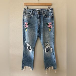 Zara Floral Embroidered High Waist Distressed Ankle Jeans Size 6